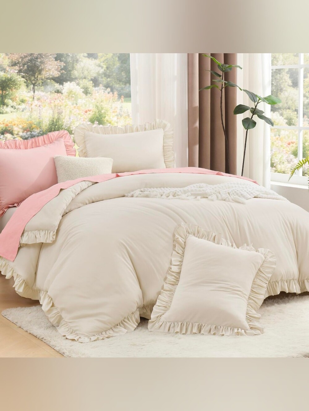 Queen Size Cream Ruffle Comforter Set - Elegant Home Bedding Set